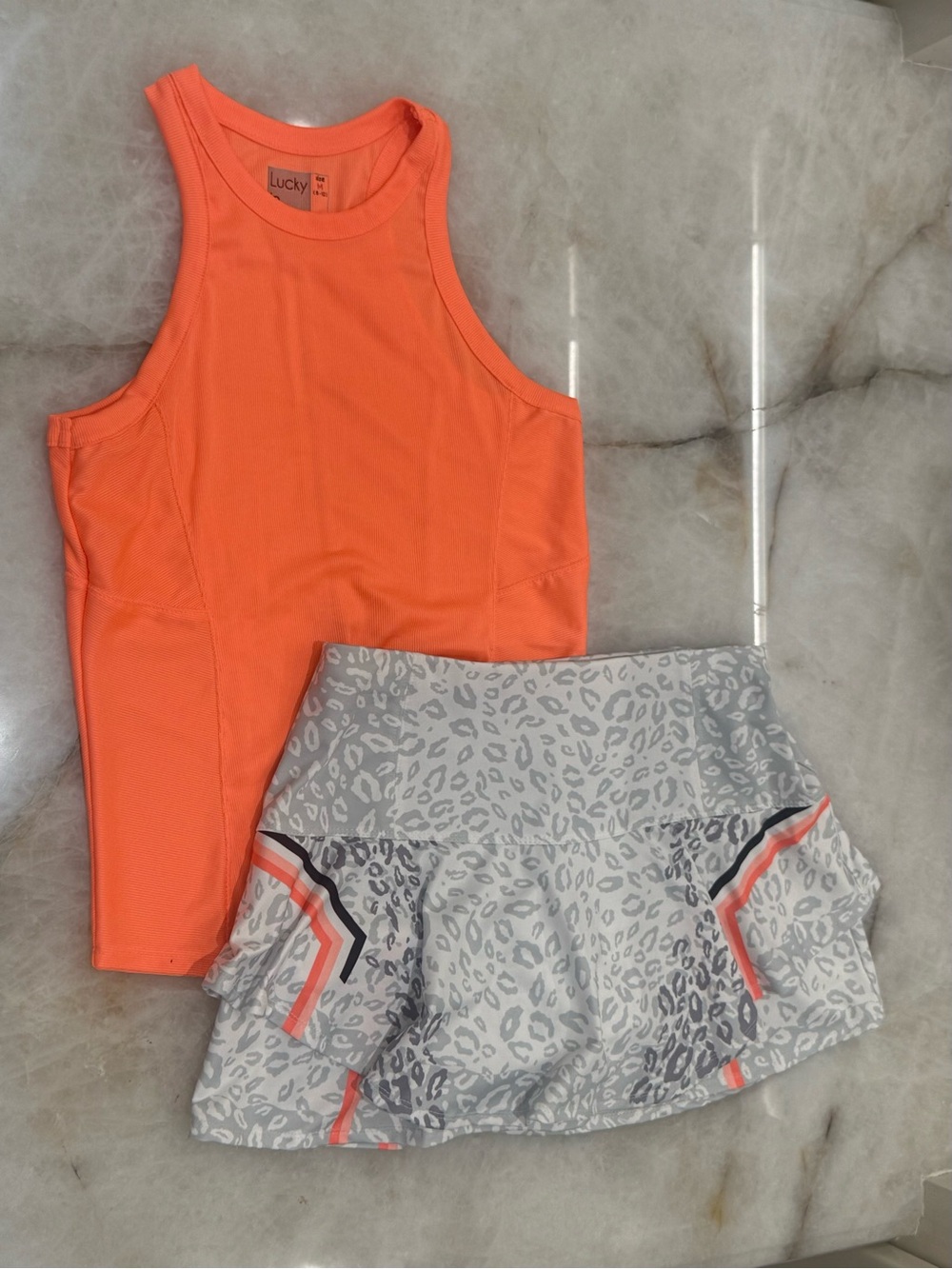 Lucky In Love Orange Athletic Tank with Grey Leopard Print Skort